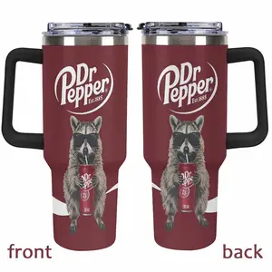 Funny Raccoon Drinking DR Pepper 40oz Tumbler with Handle, Cool Trash Panda in Sunglasses Insulated Stainless Steel Mug, Maroon Soda Lover Gift, Vacuum Travel Cup with Straw Lid, Gift for Raccoon Fans, Gift for DR Pepper Fans