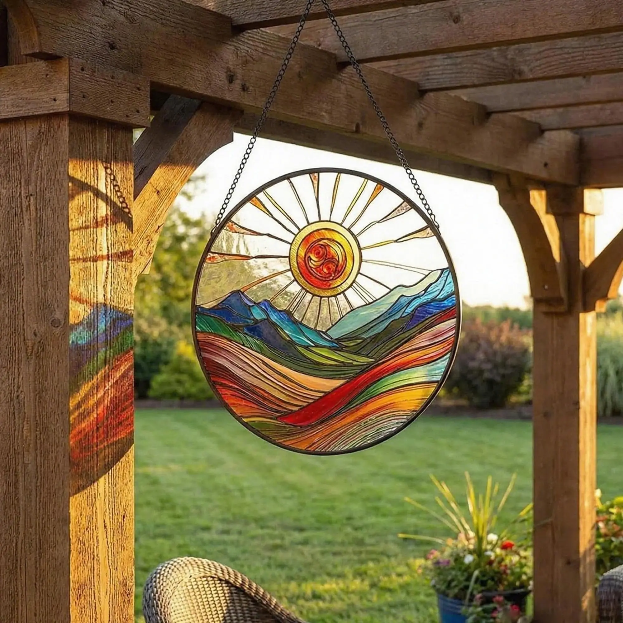 Stained Glass Style Sunrise Mountain Suncatcher, Round Glass Window Hanging, No-Shine Enhancing Nature Landscape Home Decor, Christmas Gift for Mom