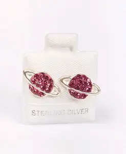 Saturn Planet CZ Pink Stud Earrings (8.5mm) - 925 Sterling Silver