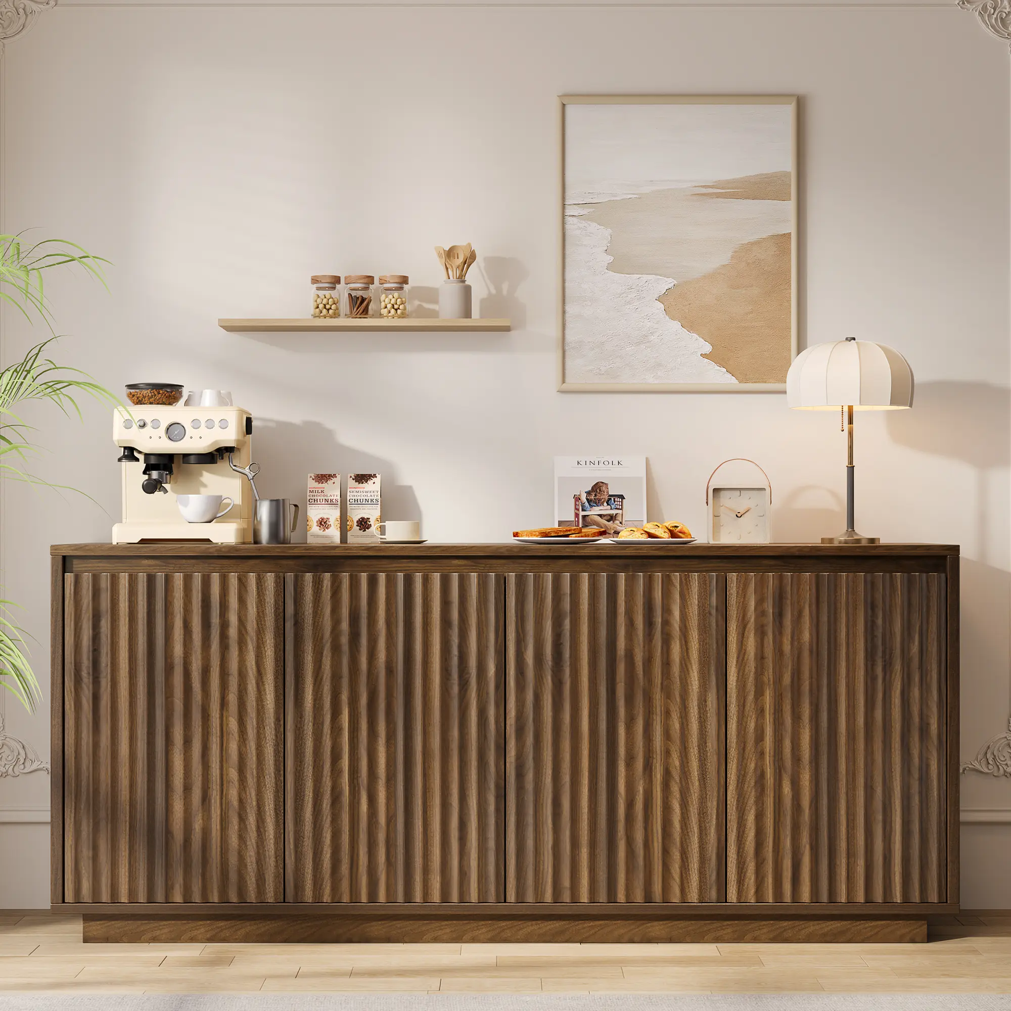 Aowos 63" Fluted Sideboard Buffet Cabinet with 2 Adjustable Shelves, Modern Wood Stand for Dining Room, Living Room, Entryway, Kitchen, Coffee Bar, Media TV Stand, Walnut , Black, Natural