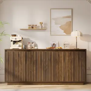 Aowos 63" Fluted Sideboard Buffet Cabinet with 2 Adjustable Shelves, Modern Wood Stand for Dining Room, Living Room, Entryway, Kitchen, Coffee Bar, Media TV Stand, Walnut , Black, Natural