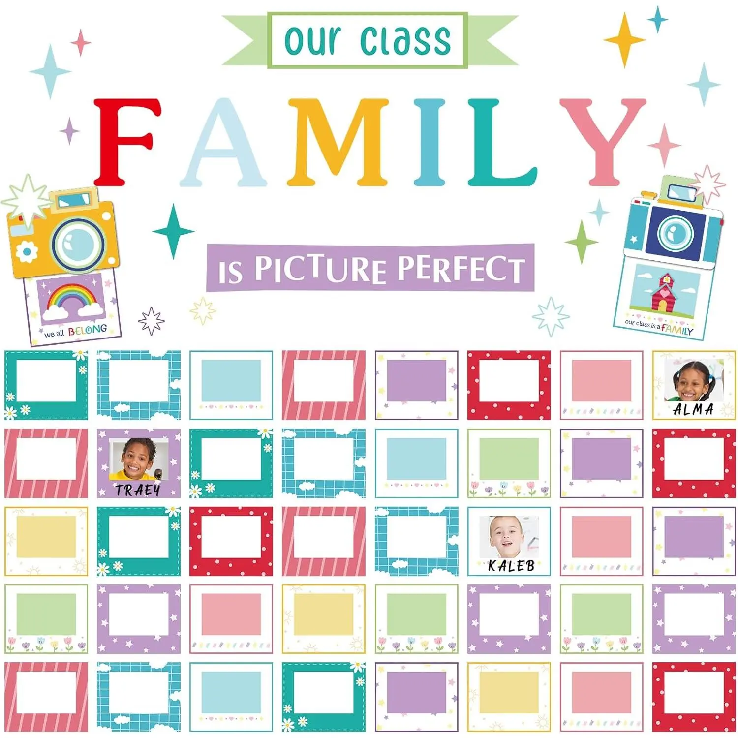 67 count Picture Frame Bulletin Board Set with Our Class Family is Picture  Photo Frames Glitter Landscape  Cutouts for Classroom Bulletin Board Welcome Wall Chalkboard Party