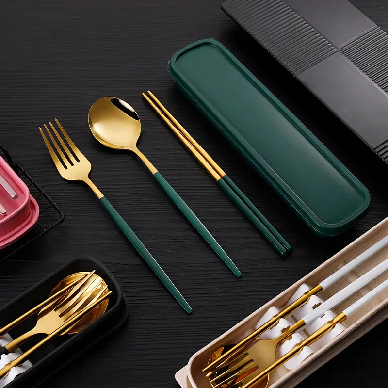 Thick Sturdy Stainless Steel 3-Piece Tableware Set - Reusable Non-Toxic Cutlery with Spoon, Fork, Chopsticks, Suitable for Business Trips, Daily Use by Students, Prevents Bacterial Cross-Infection