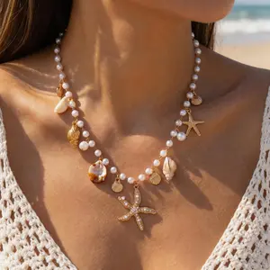 Women's Bohemian Starfish 2-in-1 Beach Shell Bracelet-Anklet, Ocean-Inspired Starfish Embellished Necklaces, Summer Fashion Costume Jewelry for Beach Parties, Vacations, Ocean-Inspired Necklaces
