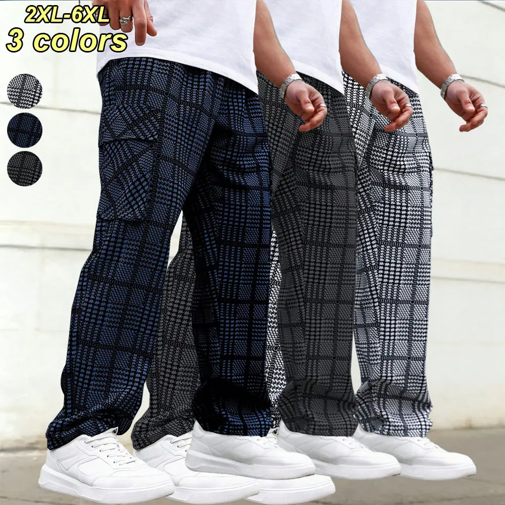 2XL–6XL Men’s Plus Size Workwear Plaid Casual Pants, Vintage Check Pattern, Extra Wide Loose Straight-Leg Design, Multi-Pocket Style, Suitable for Daily Commuting, Home Lounging, and Fashionable Outfits