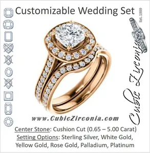 CZ Wedding Set, featuring The Lorie Ella engagement ring (Customizable Artisan-Cathedral Cushion Cut with Halo and Pavé Accents)