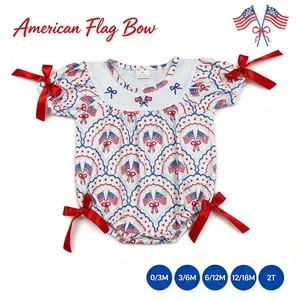 4th of July Baby Girl Romper With Silk Ribbon Bow | Patriotic Flag & Bow Embroidered Bubble Outfit
