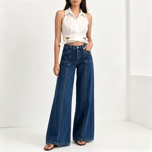 American women's fashion patchwork dark blue wide leg high waist jeans