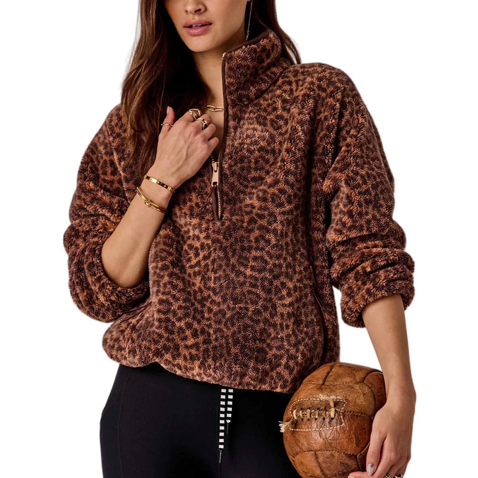 Songling Women's Cute Leopard Print Fleece Half-Zip Oversized Sherpa Jacket, Essential Warm Fuzzy Teddy Coats for Casual Wear, Soft Fabric Tops