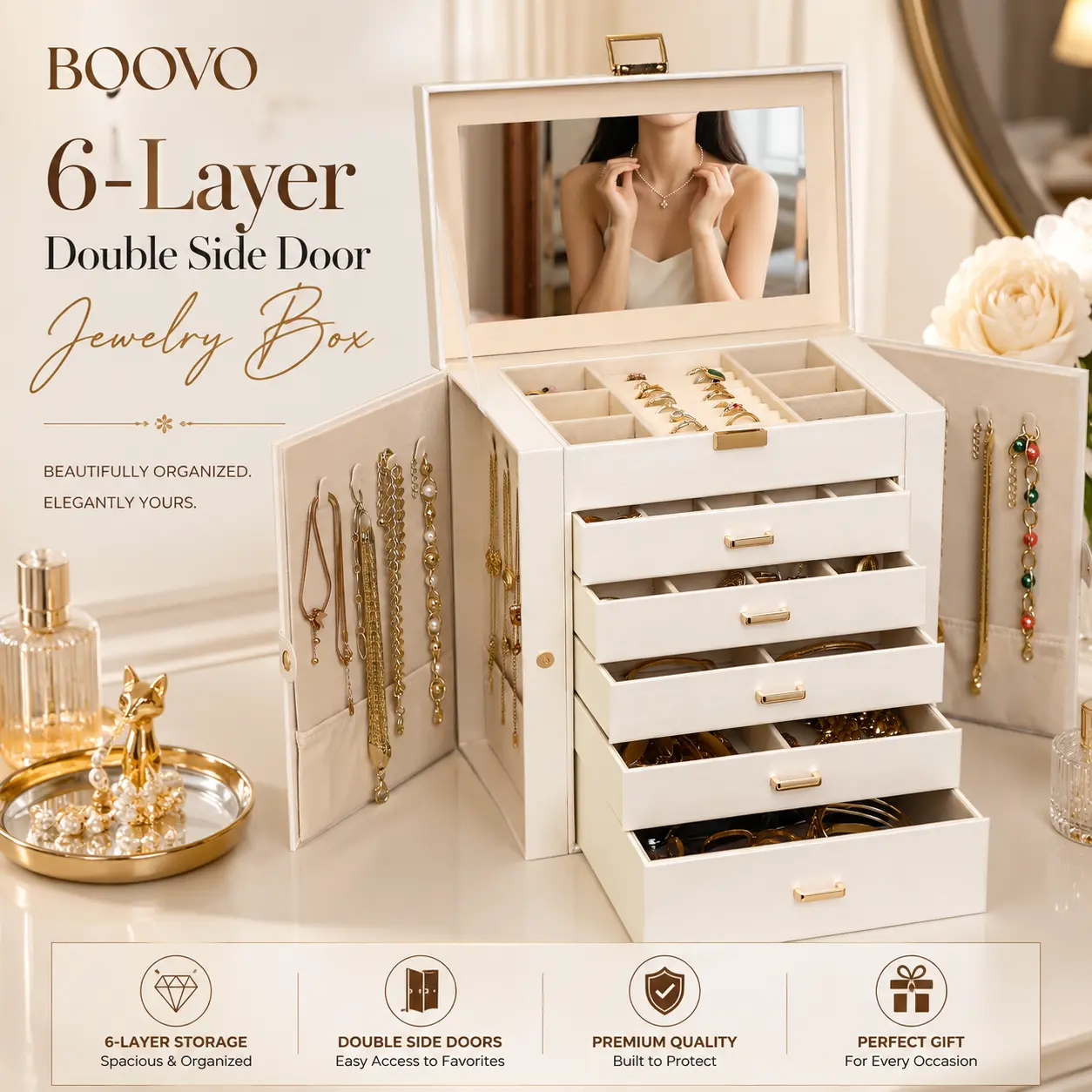 BOOVO Pearl White Modern 6-Layer Jewelry Organizer Box for Women - Large Jewelry Storage Box with Glass Lid & Mirror, PU Leather Jewelry Holder, Anti-Tarnish Velvet Lining for Necklaces, Rings & Earrings, Elegant Gift for Her