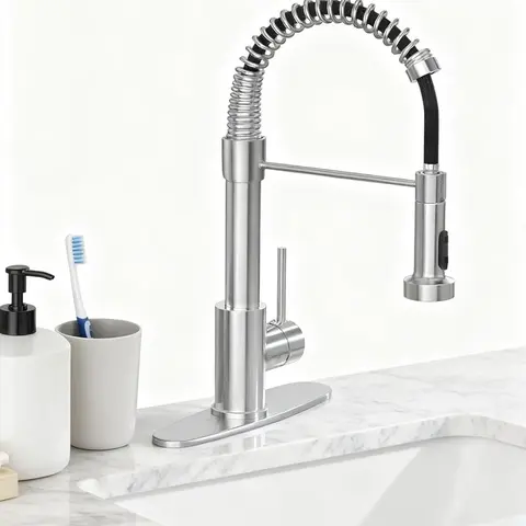 Kitchen Faucets, Brushed Nickel Stainless Steel Single Handle Sink Faucets with Pull Out Sprayer, Pull Down Kitchen Faucet with 10'' Deck Plate to Cover 1 or 3 Holes