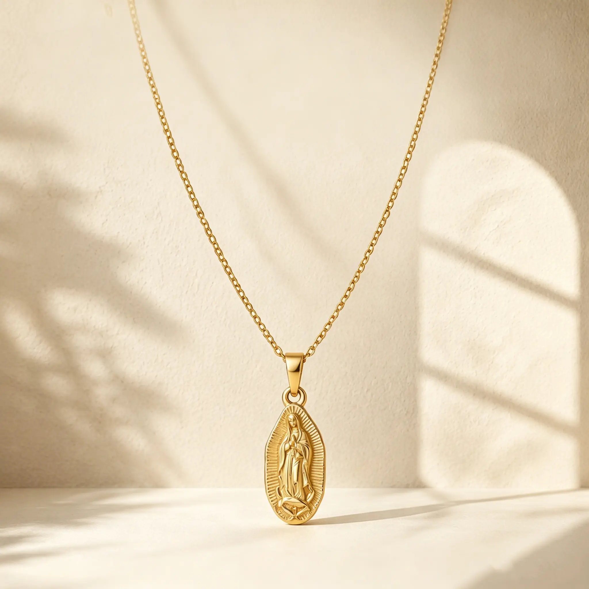 Gold Our Lady of Guadalupe Oval Disc Necklace - Gold Chain, Virgencita Maria Rosa Pendant, Catholic Christian Holy Mother Emblem Metallic Disc Charm Necklace, Gold Chain Necklaces, Emblem Necklaces