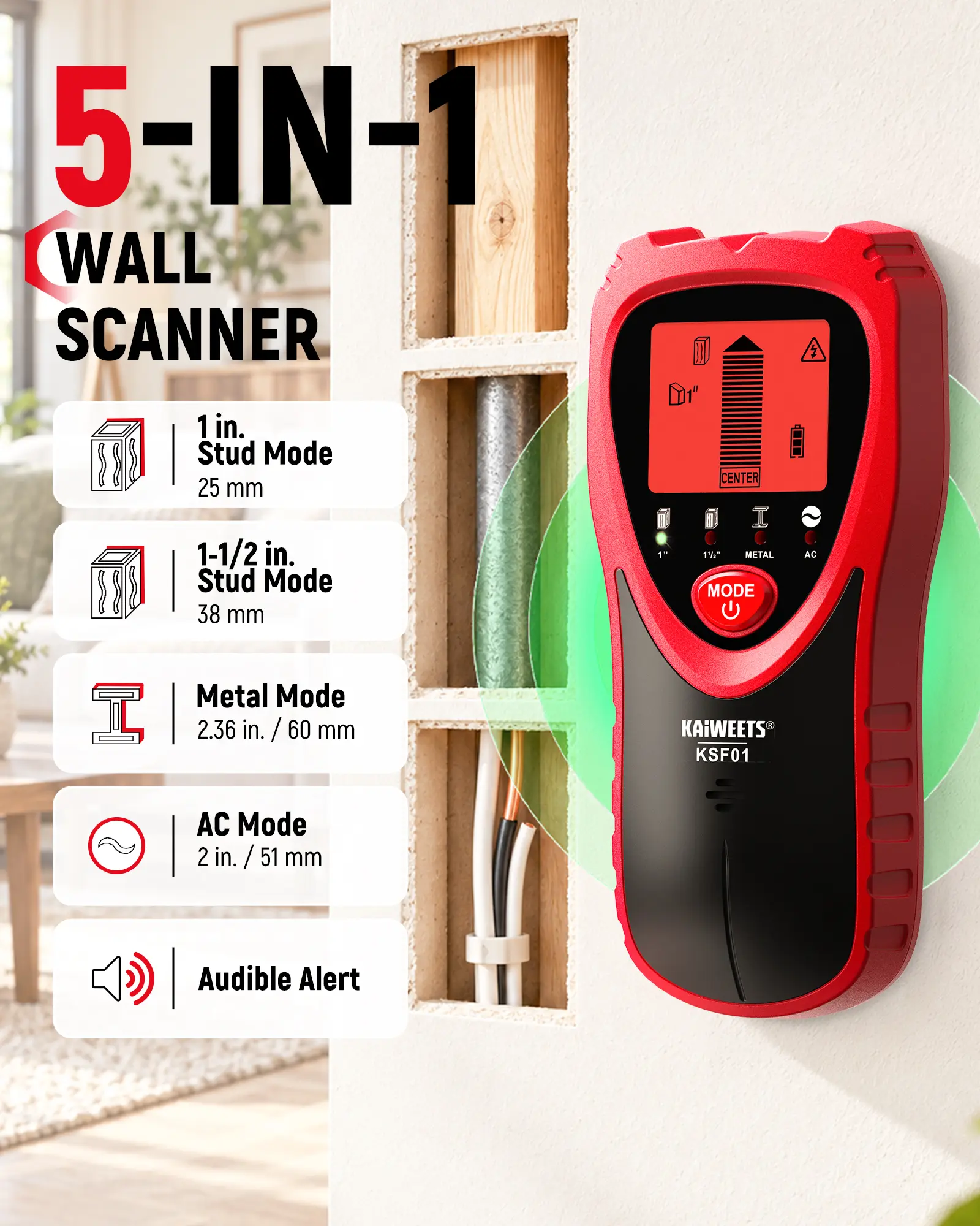 KAIWEETS KSF01 5-in-1 Wall Detector Stud Finder, Wood & Metal Stud, Metal and Live AC Wire Scanner with 3-Color LCD, Auto Calibration, Center Detection and Audible Alert for Wall Drilling
