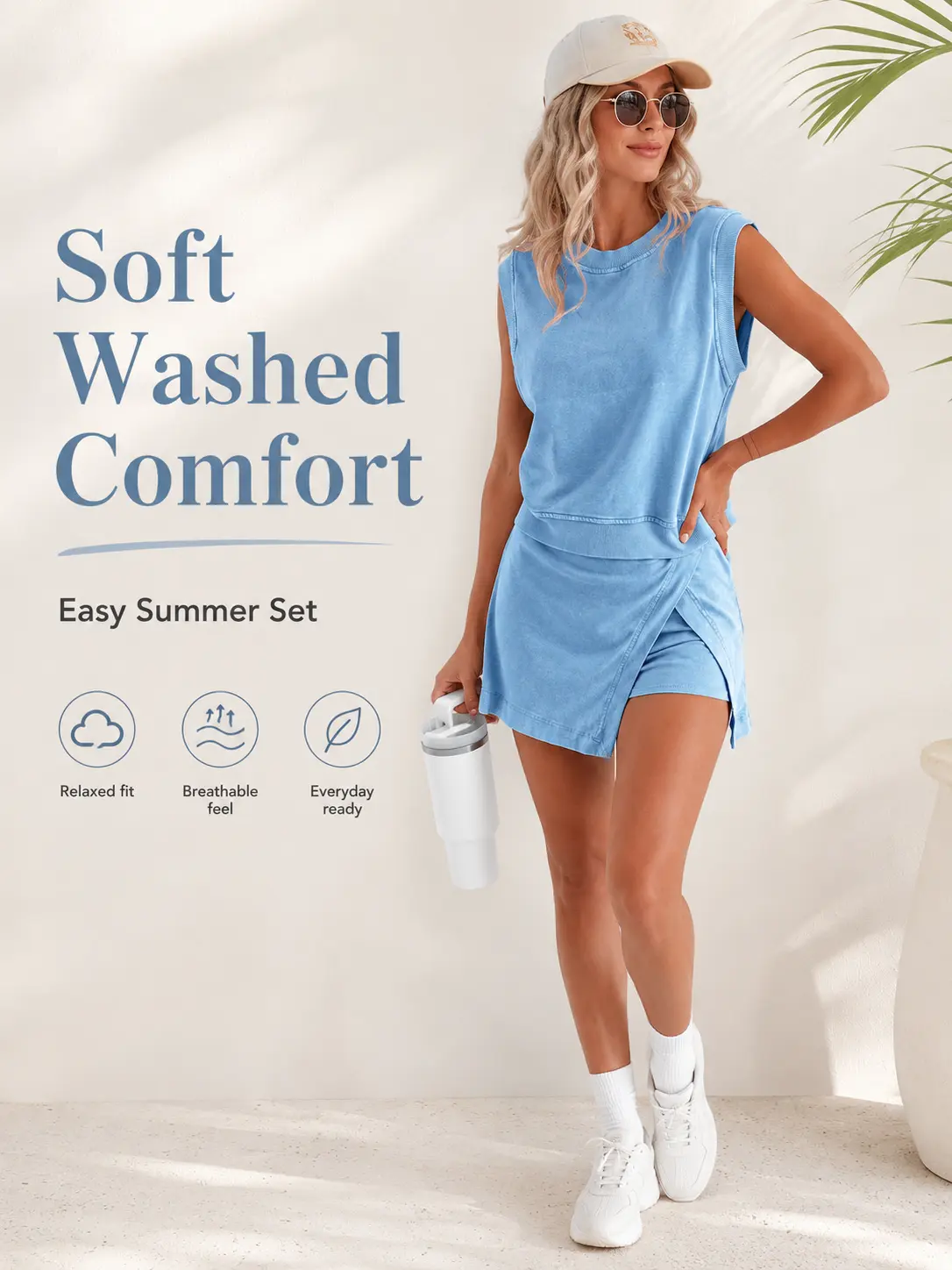 UPGROTH Women's 2-Piece Set, Solid Color Pure Cotton T-Shirt and 3-Quarter Capri Pants, Breathable Chic Casual Suit for Summer Women's Fitness, Two Piece Set