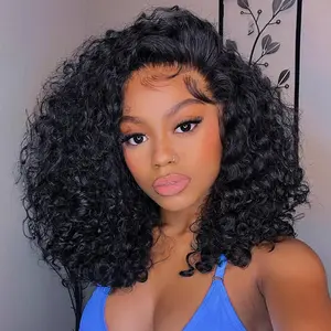Curly Bob Wig Human Hair 13x4 HD Lace Front Curly Bob Wigs for Black Women Glueless Wear and Go Pre Plucked Deep Wave Wet and Wavy Lace Wigs Human Hair Natural Black 14 Inch
