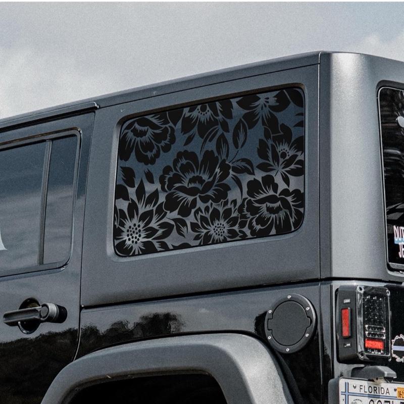 Floral Flower Print Rear Window Decals for 2018-2023 Jeep Wrangler 4 Door JLU Matte Black Vinyl Stickers Fits 2018 2019 2020 2021 2022 Models