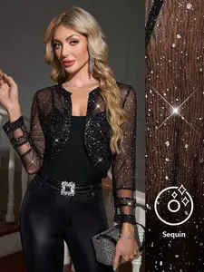 Women's Sheer Mesh Long Sleeve Jacket, Summer Wedding Guest Dress, Evening Party Coat, Sequin Nightclub Sexy Outerwear, Chic