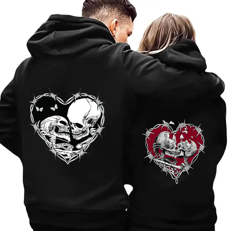 Couples Hooded Sweatshirt Set, His and Hers Long Sleeve Dacron Pullover with Contrast Hood, Graphic Print Matchset Look for Valentine's Day, Menswear, Valentines Day, Couples Gift, His & Hers Match