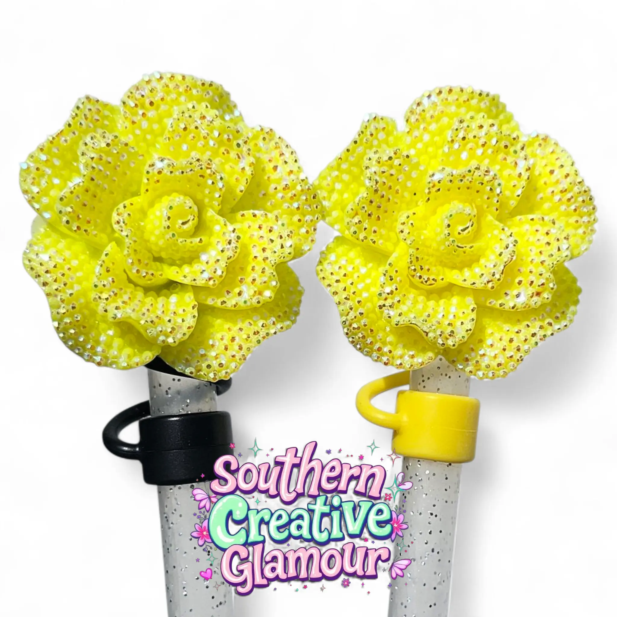 Rose 10mm Straw Topper | Yellow Glitter