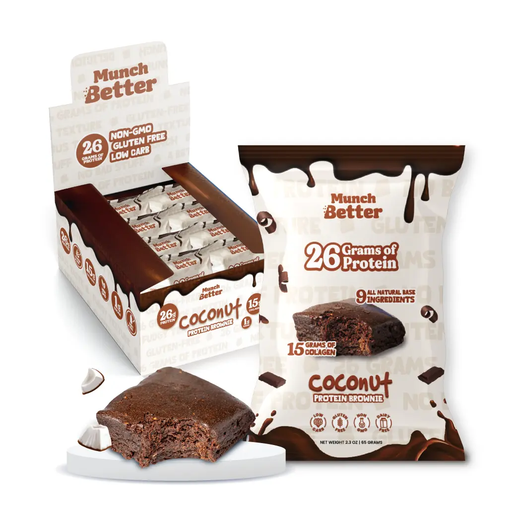 Munch Better High Protein Coconut Brownies (8 Pack) 26 Grams of Protein Gluten Free Dairy Free Non-GMO Clean Ingredients Snack Coconut Cake