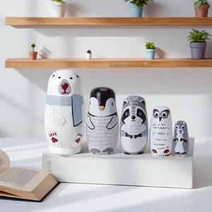 Set of 5 Polar Bear Nesting Dolls - Adorable Handmade Wooden Matryoshka Stacking Toys for Kids - Cute Figurine and Decorative Ornament for Home Decor, Office Desk, Bookshelf - Unique Gift Idea for Birthday, Easter, Children's Day, Halloween & Christmas