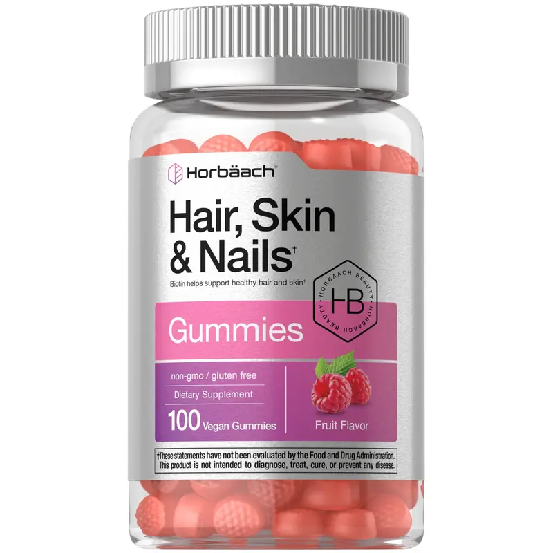 Horbäach Hair Skin and Nails Gummies | 100 Count | with Biotin | Fruit Flavored Vitamins | Non-GMO, Gluten Free Supplement