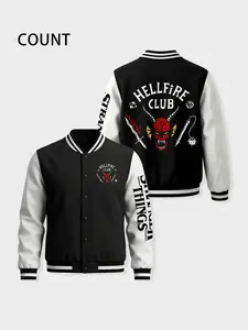 and Block Fitted Baseball Jacket with Hellfire Club Devil Emblem, Retro Vintage American Campus Style for Stranger Things Fans