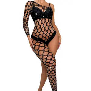 Women’s Black Rhinestone Heartstopper Teddy Bodysuit, Sexy Mesh Cut-Out Long Sleeve Womenswear for Date Night, Club Parties | Bodycon Lingerie Outfit