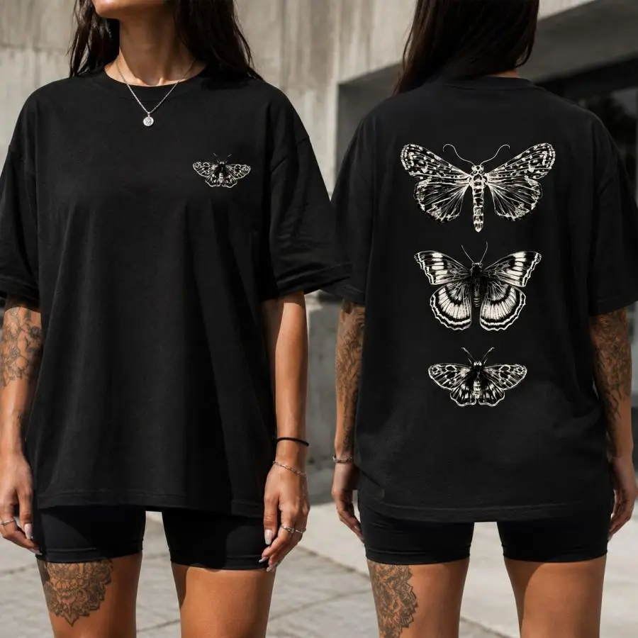 Vintage Butterfly Print Black Oversized T Shirt For Women Y2k Grunge Aesthetic Casual Short Sleeve Tee Streetwear Summer Soft Comfortable Daily Wear Graphic Top