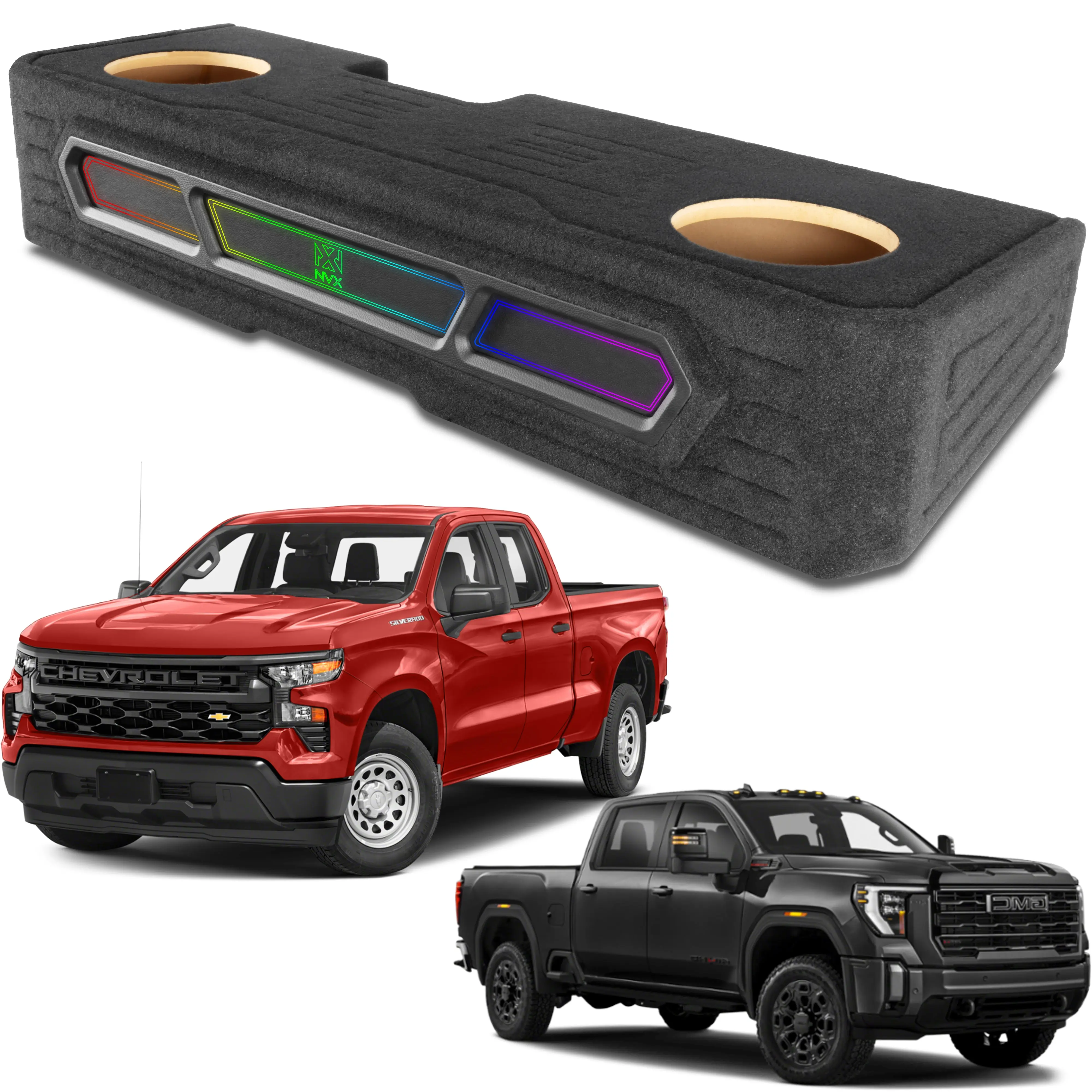 2019-2024 Chevrolet Silverado, GMC Sierra Crew Cab Bass Package - Custom Dual 10" 1200W RMS Amplified Vented Subwoofer Enclosure with Amplifier Wiring Kit - PBK-GM-19SLVCC-P210