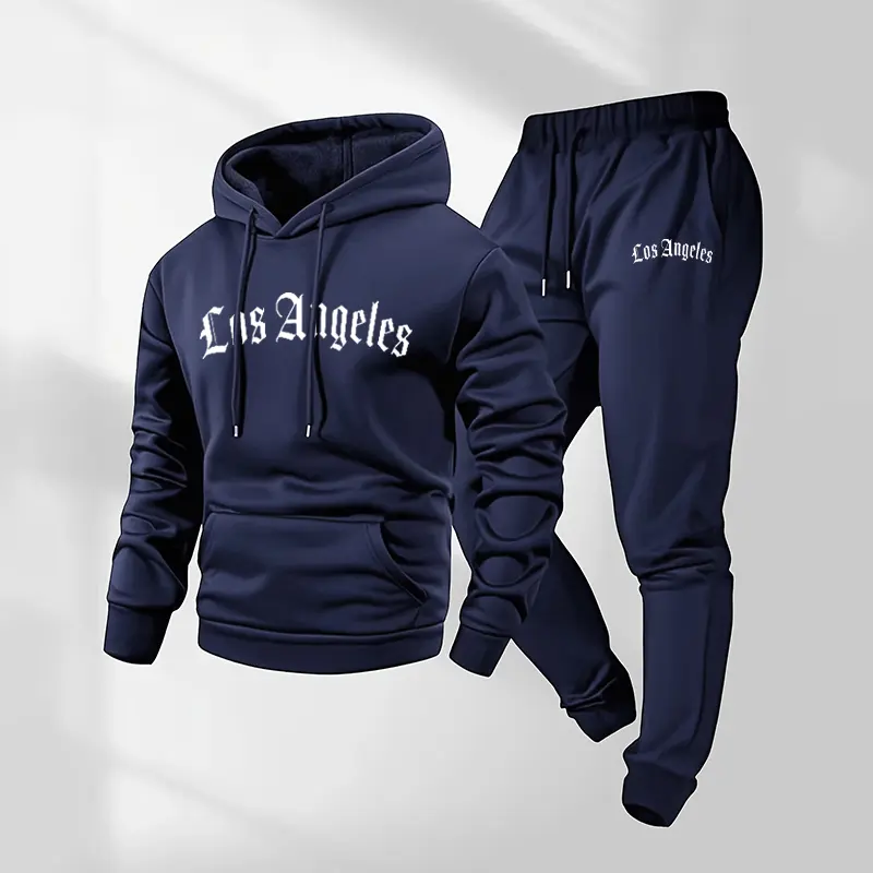 Men's 2-Piece Los Angeles Printed Hooded Jacket & Drawstring Sweatpants Set, Casual Athletic Menswear, Fall-Winter Daily Athleisure Sportswear