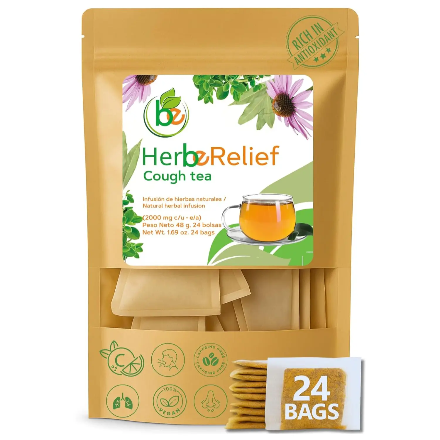 HerbeRelief Tea – Aromatic Botanical Infusion w/Gordolobo (Mullein Leaf),Oregano,Spearmint, Eucalyptus, Echinacea & Vitamin C – 24 Tea Bags (2000 mg Each) – 100% Natural, Vegan & Caffeine-Free – Traditional Herbal,Fulmina – By BexpertsUSA-Tos tiktokshopsp
