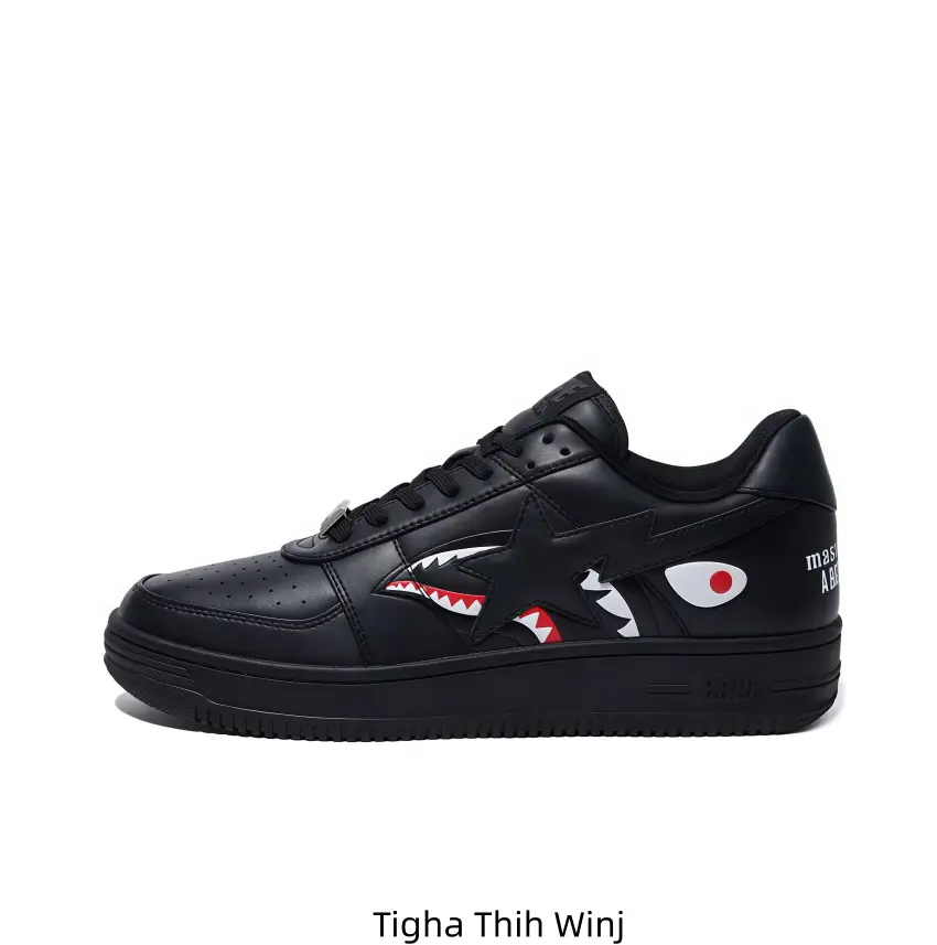 Trendy Full Matte Black Low Top Skate Sneakers Unique Shark Mouth Graphic Decoration Unisex Cushioned Footwear Durable Anti-slip Outsole Street Style Shoes for School Hangouts Night Out Casual OOTD