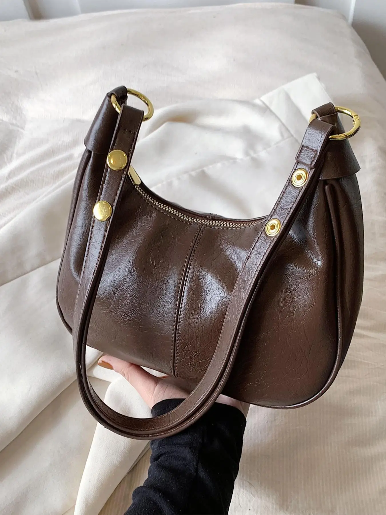 New Women's Simple Solid Color Zipper Shoulder Bag, Fashionable Versatile Underarm Bag, All-match Hobo Dumpling Bag for Daily Used