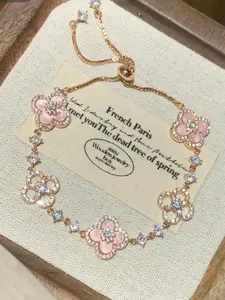 Elegant Rhinestone Faux Pearl Bracelet, Pretty Bracelet, Floral Pattern, Hollow Out Lucky Four-Leaf Clover Pull Chain, Adjustable Pull Design, Women's Luxury Hand Jewelry, Unique Design