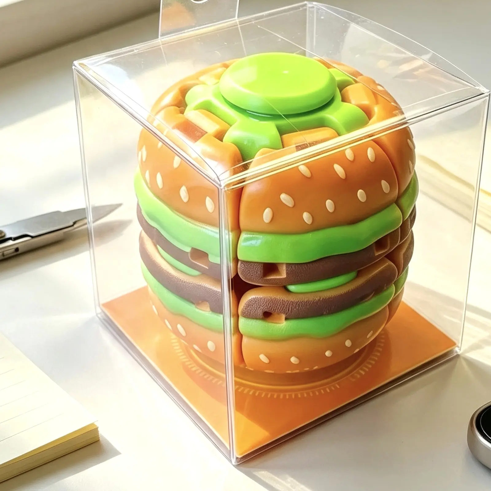 Transforming Burger Fidget Spinner, Press-to-Spin Sensory Desk Toy, Fun Gift for Teens & Adults