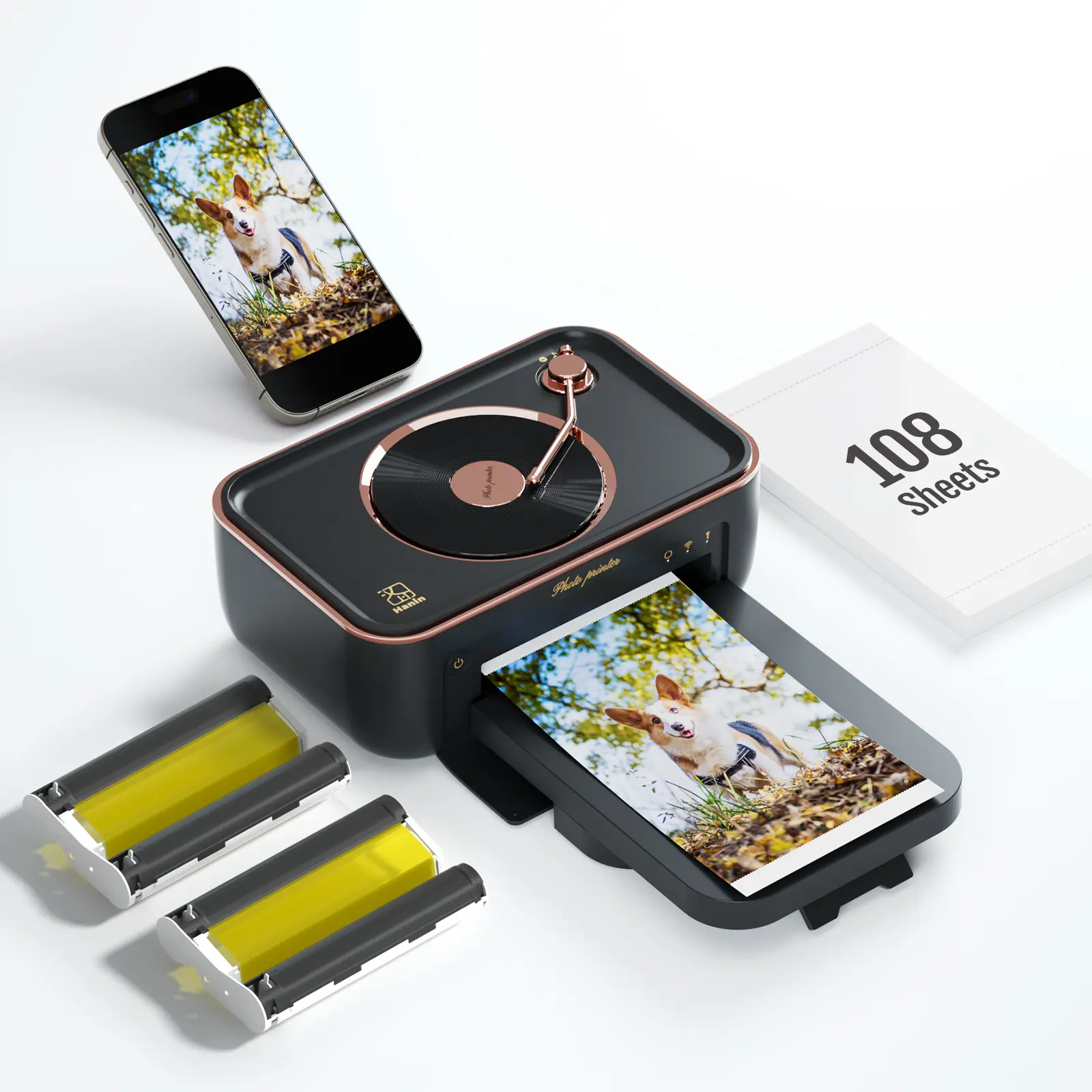 HPRT Hanin CP6000 Portable Cordless Wireless Photo Printer Bundle - 1.7kg Gramophone-Inspired Mini Printer, 108 Sheets 4x6 in Fade-Resistant Paper & Ribbon, Wi-Fi/Bluetooth, Instant Smartphone Printing, Built-In Speaker, for Home/Events