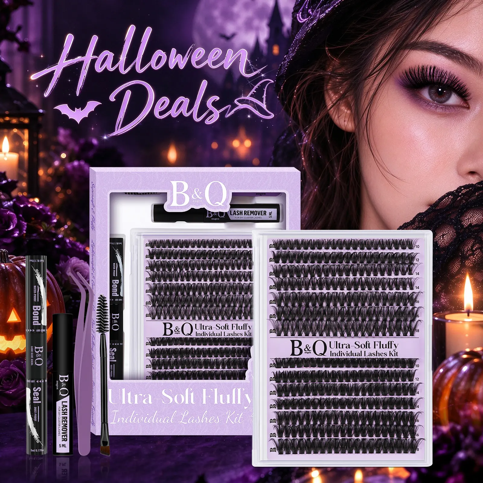 B&Q 70D-90D Eyelash Cluster Kit, 280pcs Ultra-Soft Wispy Lash Clusters (0.05mm, 10-18mm D-Curl) with Lash Glue, Bond & Seal for DIY Salon-Look Waterproof Long-Lasting Makeup #Familyfun #Halloween