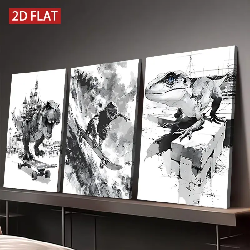 3 pieces of framed canvas paintings, skateboard dinosaur ink art prints, modern wall art, high-quality fade-resistant prints, suitable for decoration in living rooms, offices, bedrooms and entrance halls.