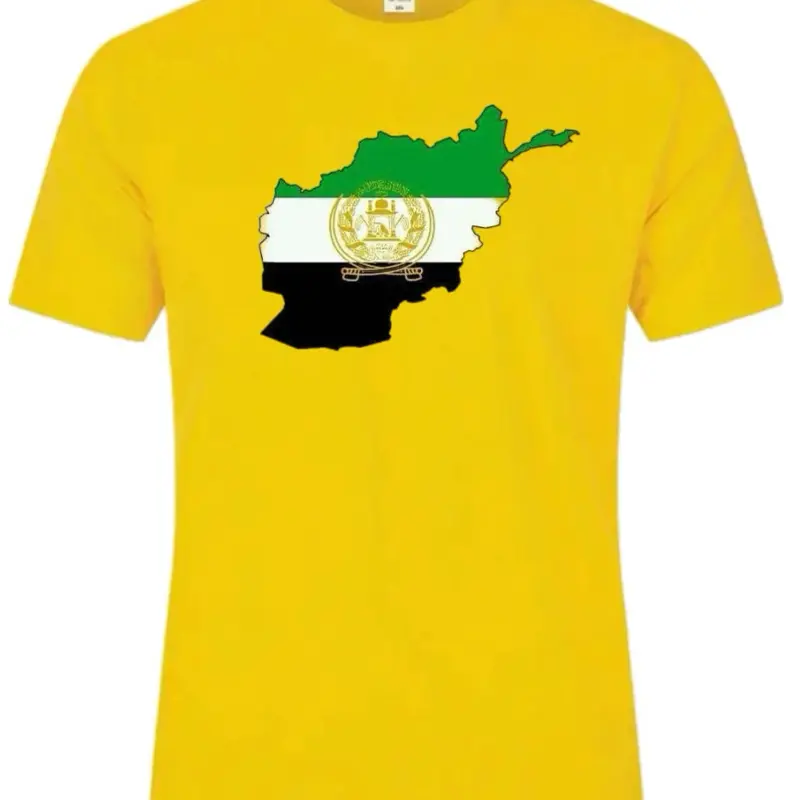 Afghanistan Map New Design T-Shirt - Yellow Color with Green White and Black Flag Pattern
