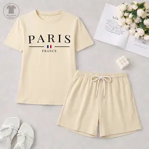 Women’s Paris Graphic Short Sleeve T-Shirt and Drawstring Shorts Set, Casual Matching Summer 2-Piece Outfit, Breathable Lightweight Clothing for Travel, Home, Vacation, Beach and Daily Wear