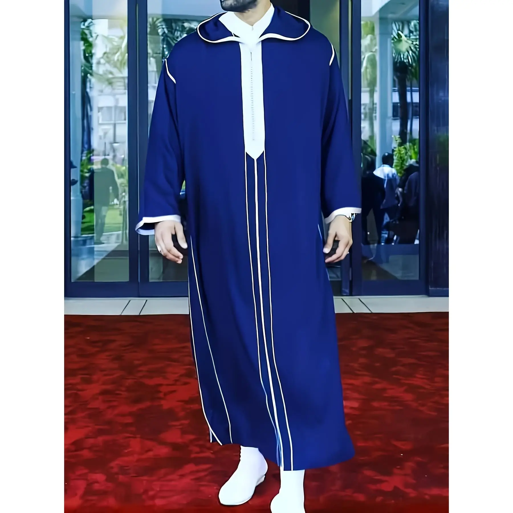 Men's Elegant Blue Moroccan Style Long Sleeve Hooded Kandora with