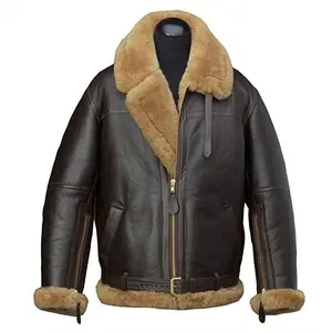 B3 Men Real Shearling Sheepskin flying WW2 Aviator RAF Bomber Jacket, XS, Brown