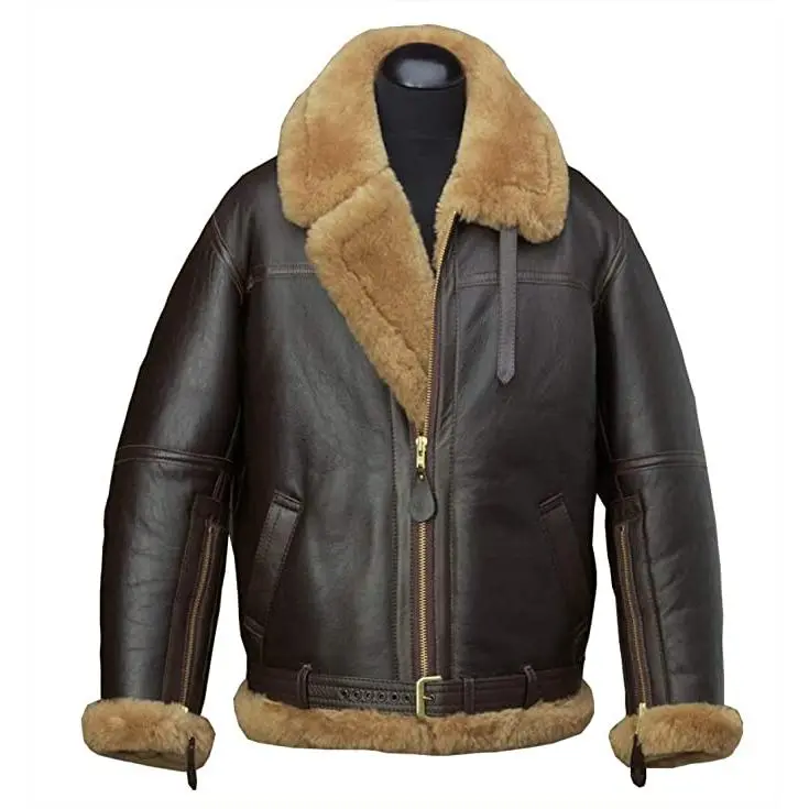 B3 Men Real Shearling Sheepskin flying WW2 Aviator RAF Bomber Jacket, XS, Brown
