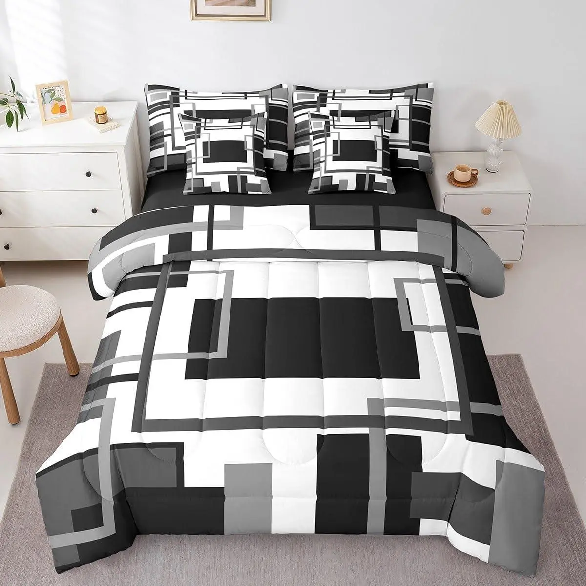 Feelyou 7-Piece Ultra Soft Microfiber Queen Comforter Set - Black and White Minimalist Mid-Century Quilt, Black Gray Geometric Abstract Art Sheets, for Minimalist Bedroom (Multi-Size Option Available), Bed Set, Comforter Queen Size