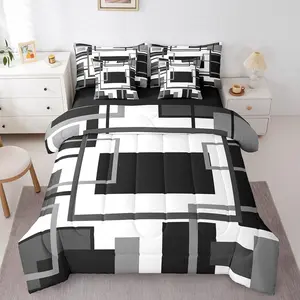 7Pcs Black and White Comforter Bed Set,Minimalist,Black Gray Modern Geometric Bed Bag,Abstract Geometric Modern Bedding with Bed Sheets,Mid Century Quilt