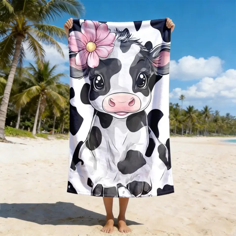 Cute Cow & Pink Flower Pattern Bath Towel - Super Absorbent, Soft, Quick Dry, Lightweight, Portable, Unisex - Ideal for Beach, Camping - Perfect Holiday Gift, Cotton