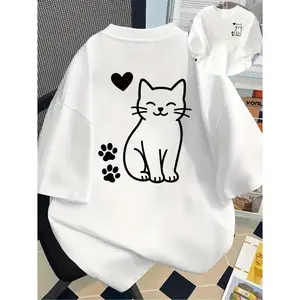 Womens Cute Cat Graphic Cotton Short Sleeve T Shirt Soft Crewneck Casual Summer Tee Minimal Line Art Kitty Print Top For Cat Lovers Everyday Outfits