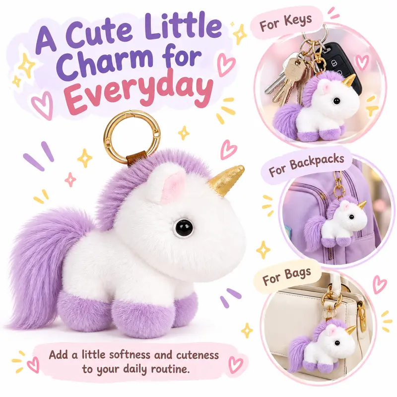 BunnyLulu Handmade Sweet Whimsy Unicorn Soft Plush Keychain - 12x13cm Fluffy Stuffed Toy, Key Chain Decorations, Girly Casual Purse Stuffer, Magical Aesthetic Whimsy Accessory, Metal Tin Box, Teenage Girl Gift