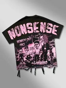 American Street Vintage Cartoon Graffiti Print Short Sleeve T-Shirt, Ripped Design Loose Fit Summer Casual Top, Trendy Graphic Tee, Streetwear, Menswear